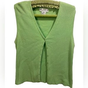 Robert Scott Vintage 90s Vibrant Lime Green Knit Button Up Sleeveless Sweater